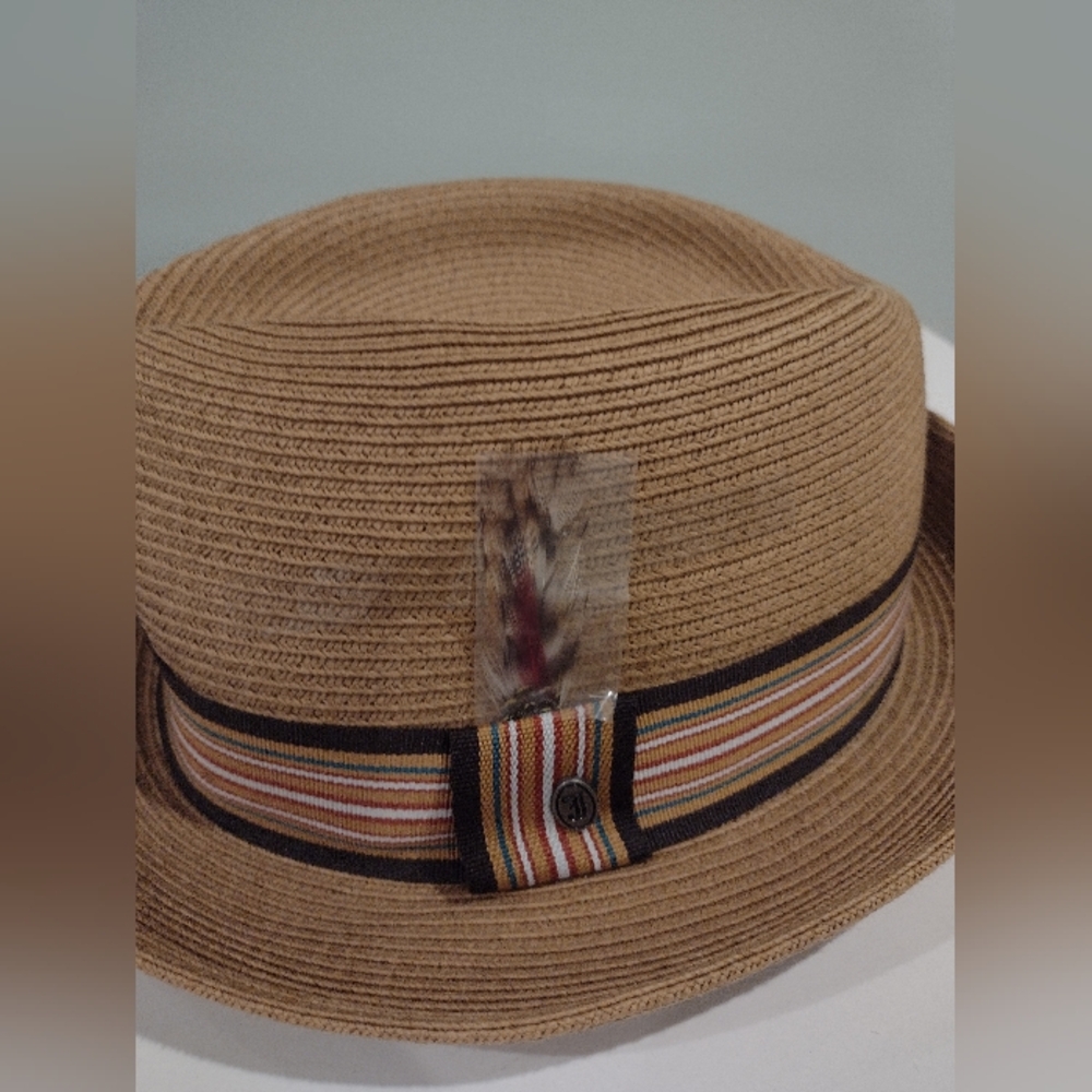 Jaxon beige fedora w/ striped band and small feather NWT - Picture 5 of 8
